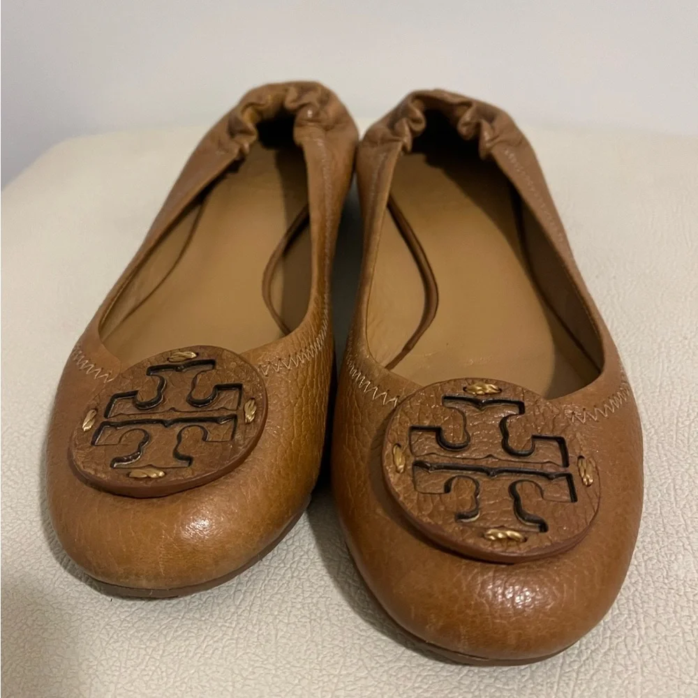 Tory Burch Reva Camel Classic Leather Slip-On Ballet Flats Women’s Size 7.5